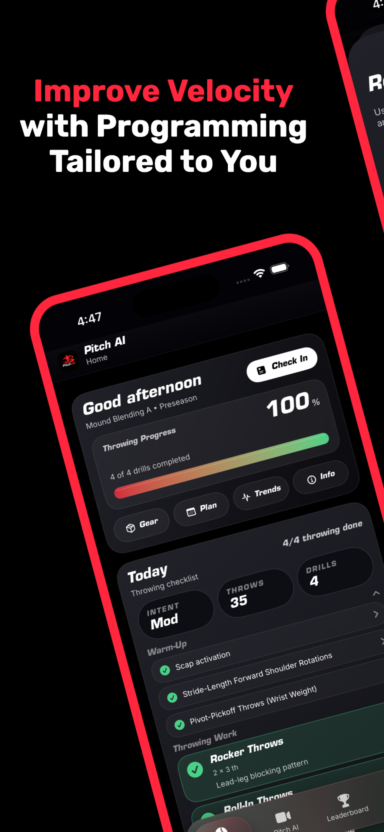 Pitch AI: Arm Care App Store screenshot showing tailored velocity programming.