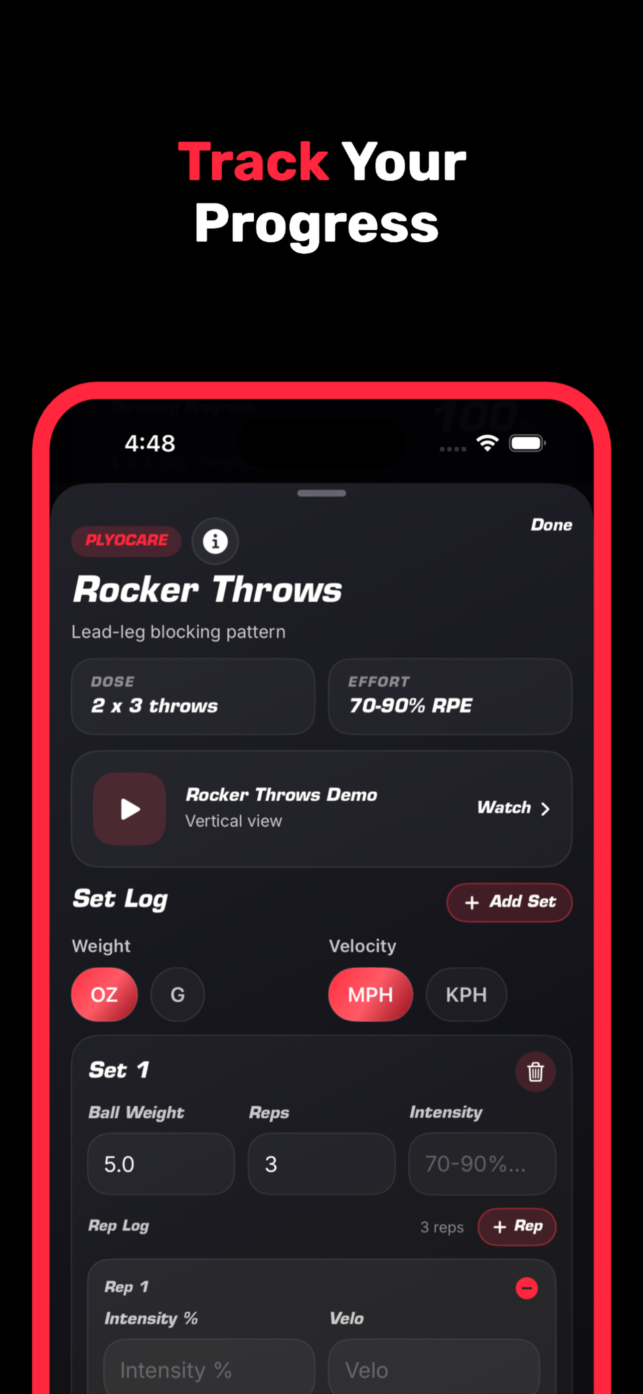 Pitch AI: Arm Care App Store screenshot showing progress tracking and set logging.