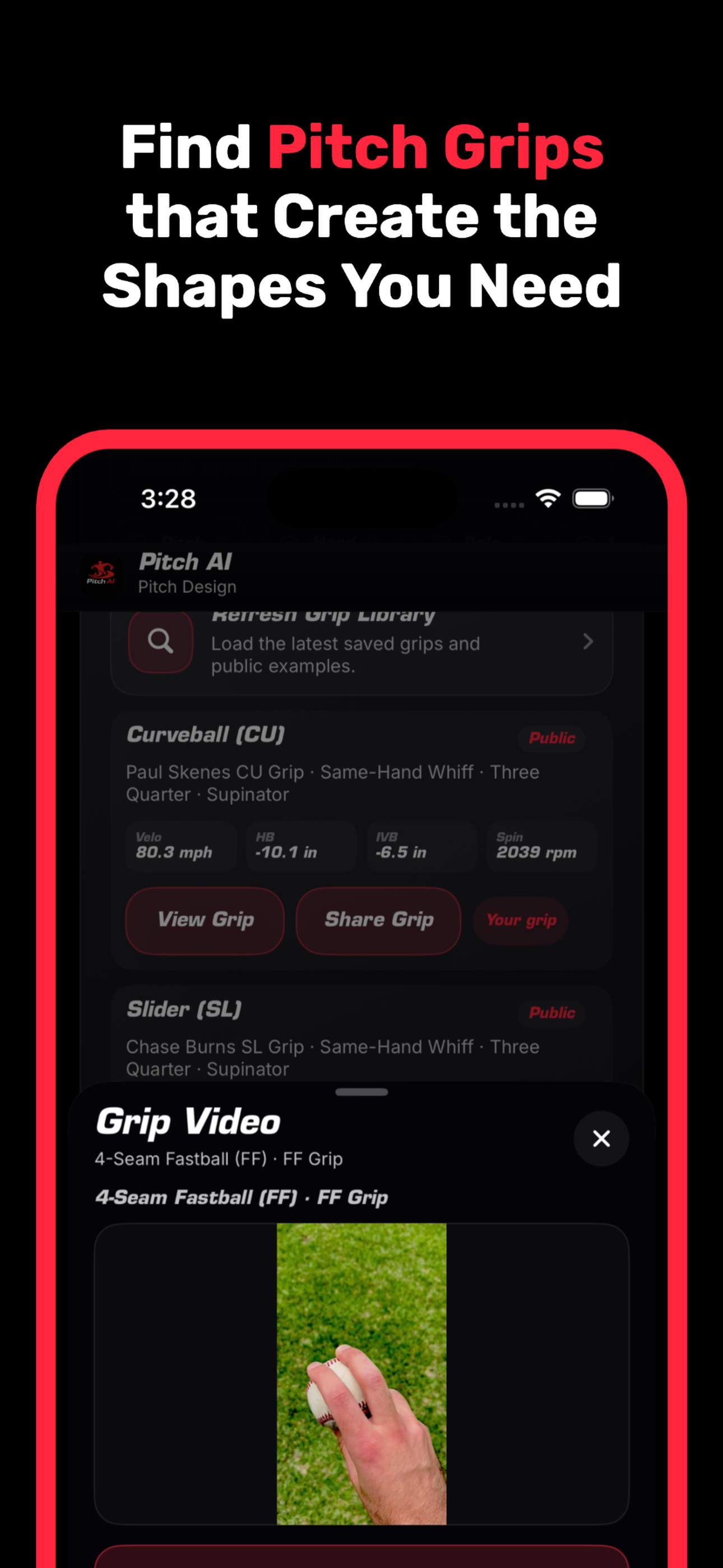 Pitch AI: Arm Care App Store screenshot showing pitch grip video examples.