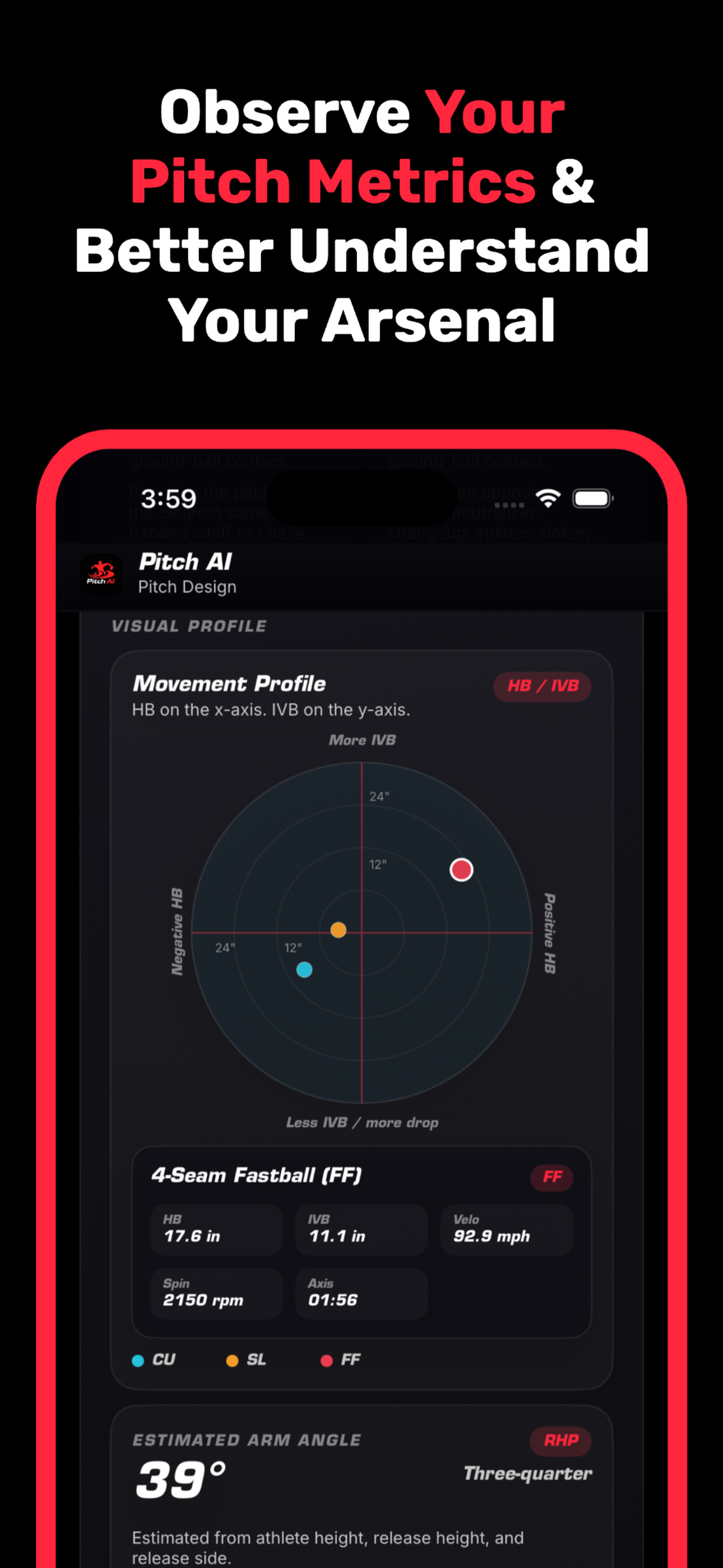 Pitch AI: Arm Care App Store screenshot showing pitch metrics and arsenal analysis.
