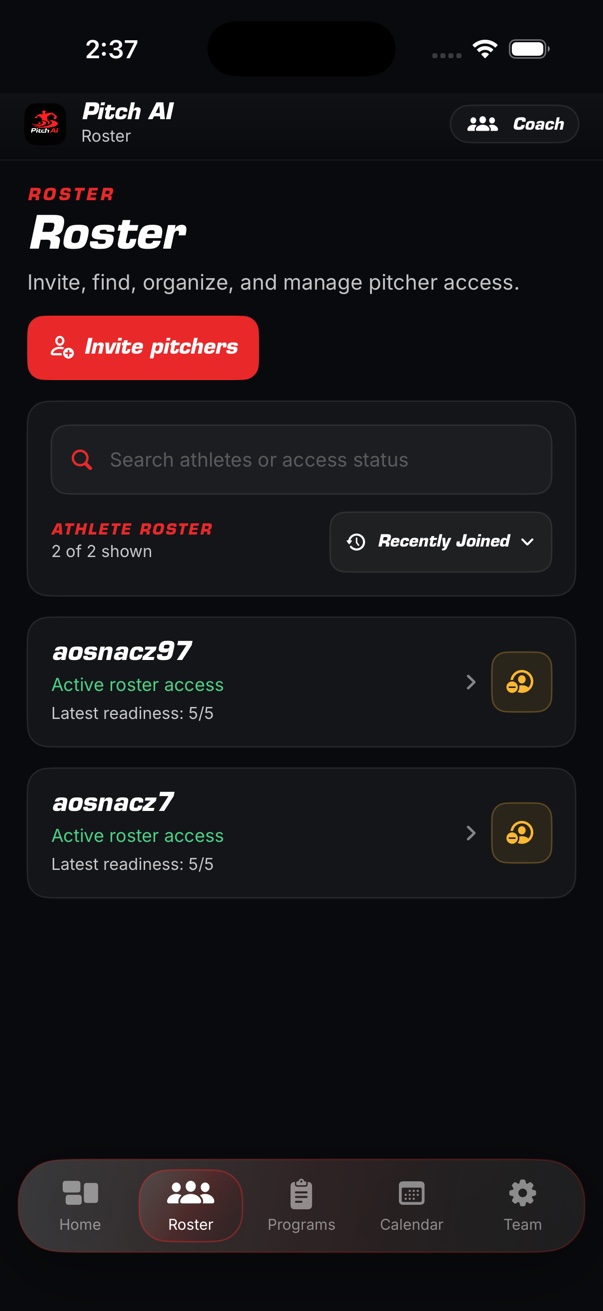 Searchable Coach View roster with active pitcher access and current readiness.