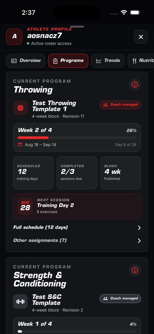 Coach View athlete programs showing throwing and strength block progress and next sessions.