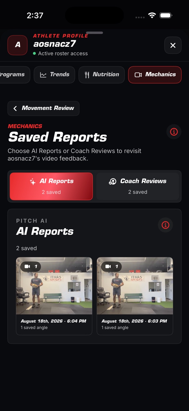 Coach View athlete mechanics library with saved AI reports and coach reviews.