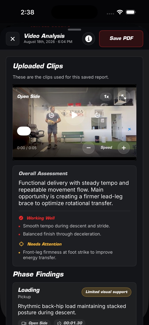 Detailed Pitch AI video mechanics report with uploaded clips, assessment, and phase findings.