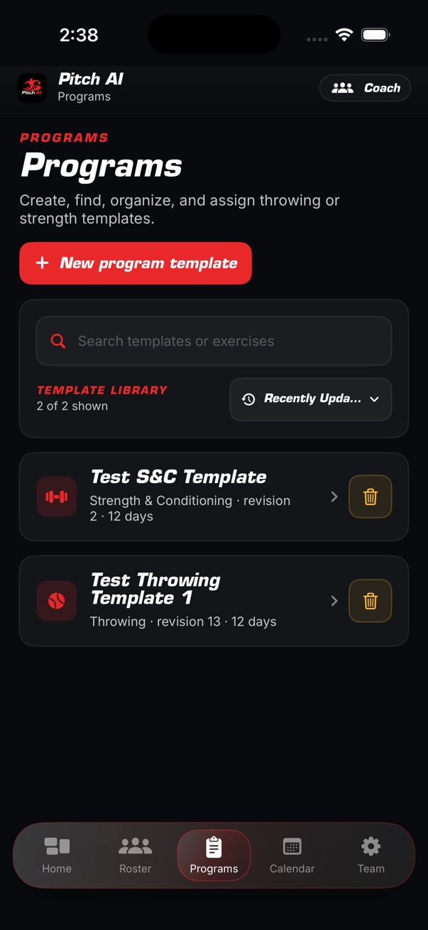 Coach View program library with searchable throwing and strength templates.