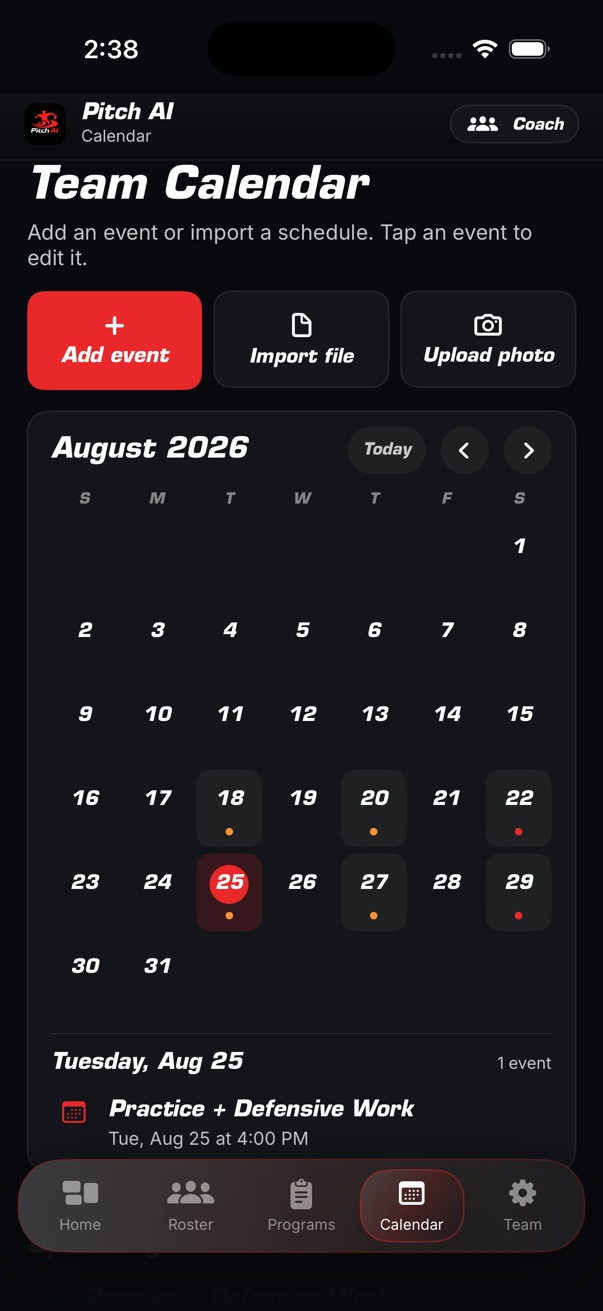 Coach View team calendar with event creation, file import, and schedule photo upload.