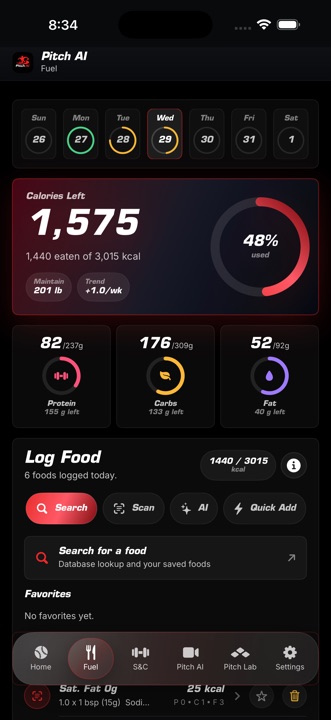 Pitch AI nutrition dashboard showing calories and macronutrients.