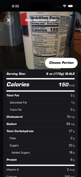Pitch AI nutrition label scanner showing extracted nutrition facts.