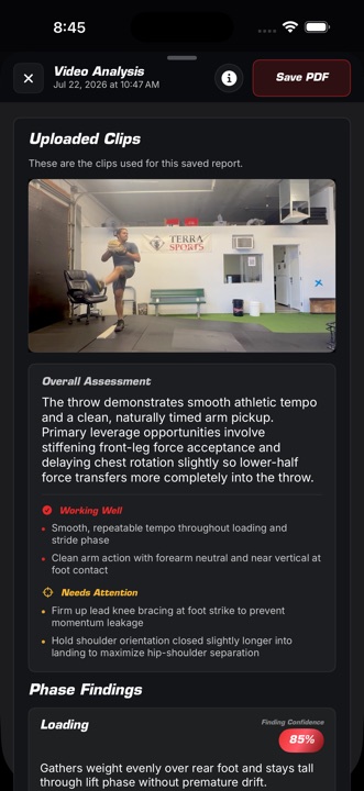 Pitch AI video analysis showing AI mechanics feedback and phase findings.