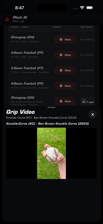 Pitch AI grip library showing a knuckle-curve grip video.