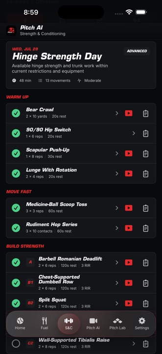 Pitch AI strength and conditioning screen showing a complete strength session.