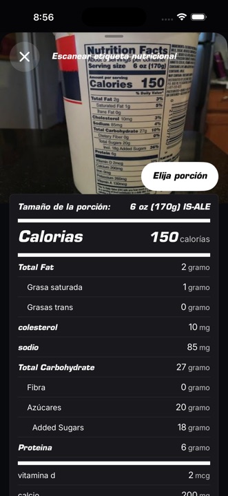 Escáner de etiquetas de Pitch AI con datos nutricionales extraídos.