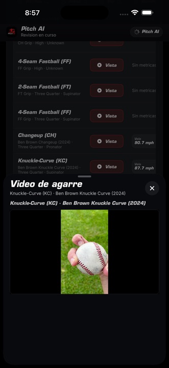 Perfil de movimiento de Pitch AI con métricas y ángulo de brazo.