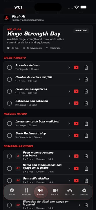 Pantalla de fuerza y acondicionamiento de Pitch AI con una sesión completa.