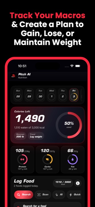 栄養とマクロ計画を表示するPitch AIの画面。