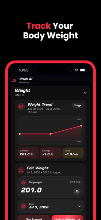 体重推移を表示するPitch AIの画面。