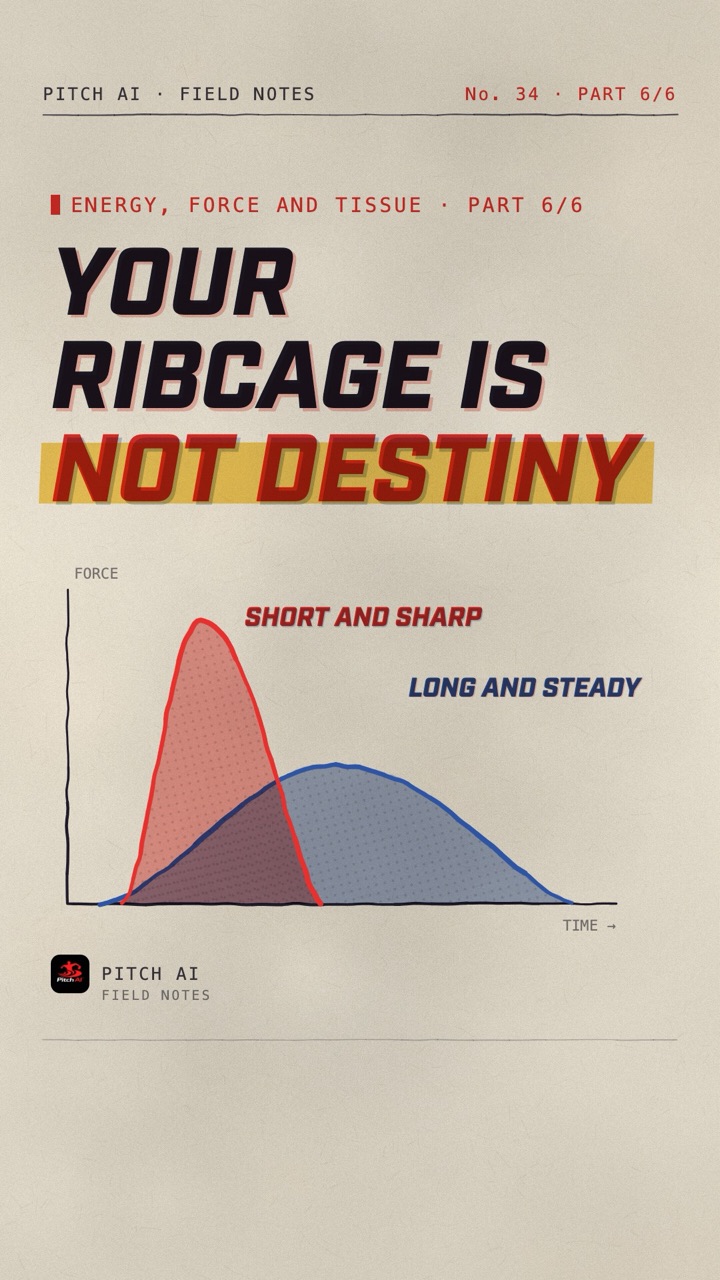 Field Notes cover card reading Your ribcage is not destiny, with short and sharp versus long and steady force curves