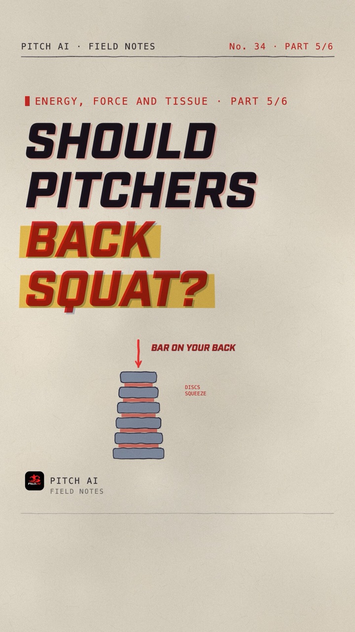 Field Notes cover card asking Should pitchers back squat, with a drawing of a bar loading a stack of vertebrae