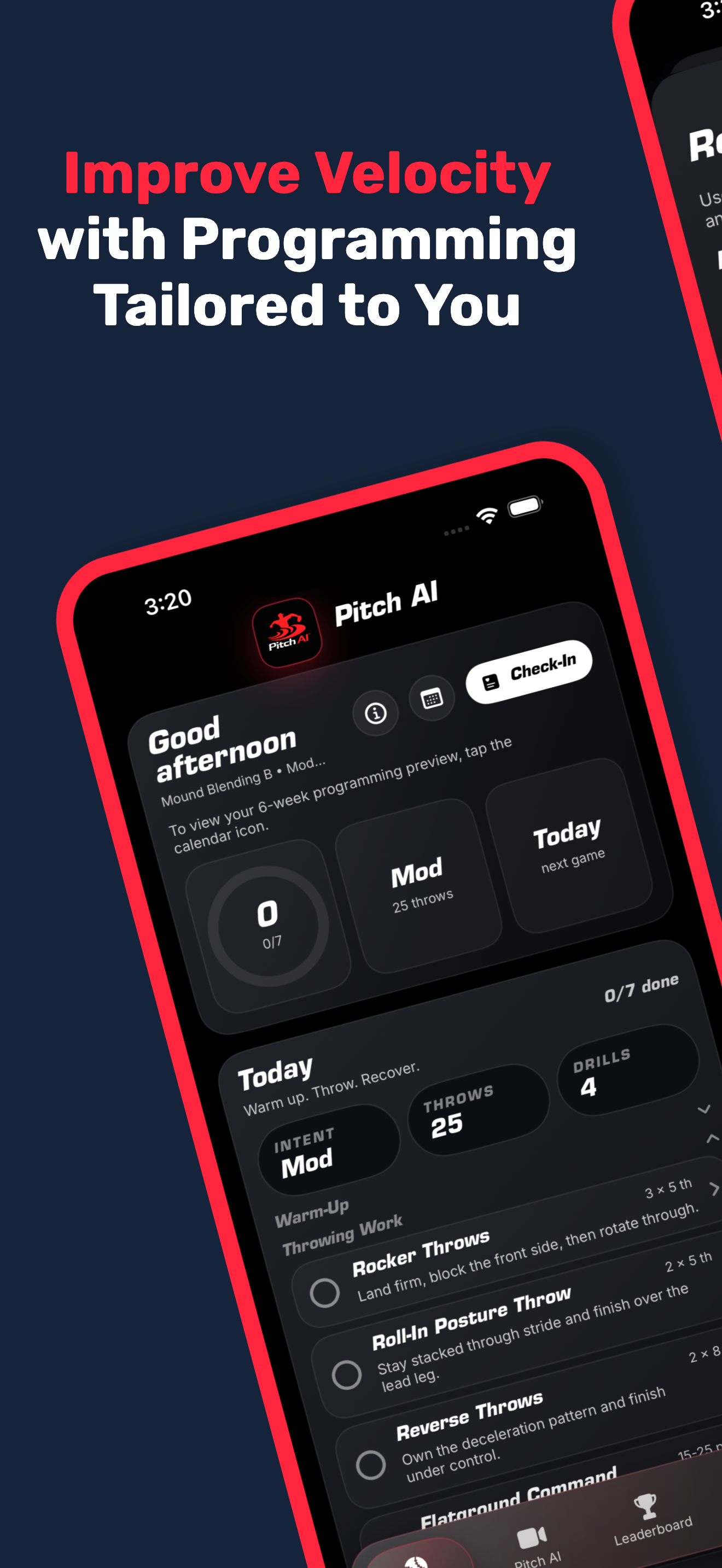 Pitch AI home screen showing a personalized throwing plan and check-in.