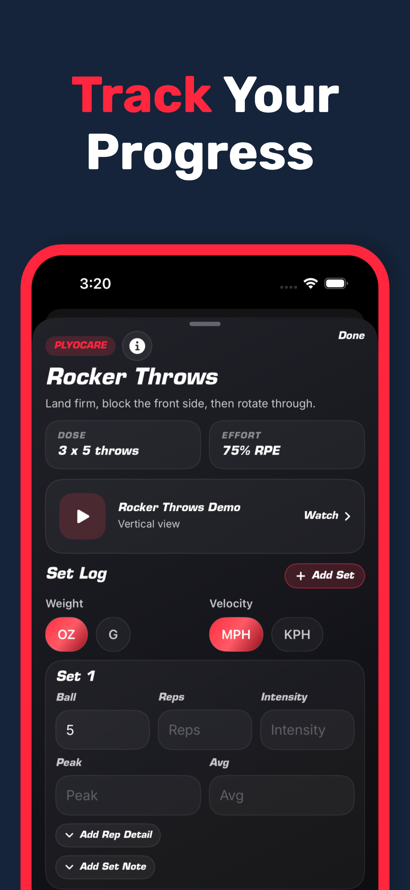 Pitch AI logging screen for rocker throws with velocity tracking.