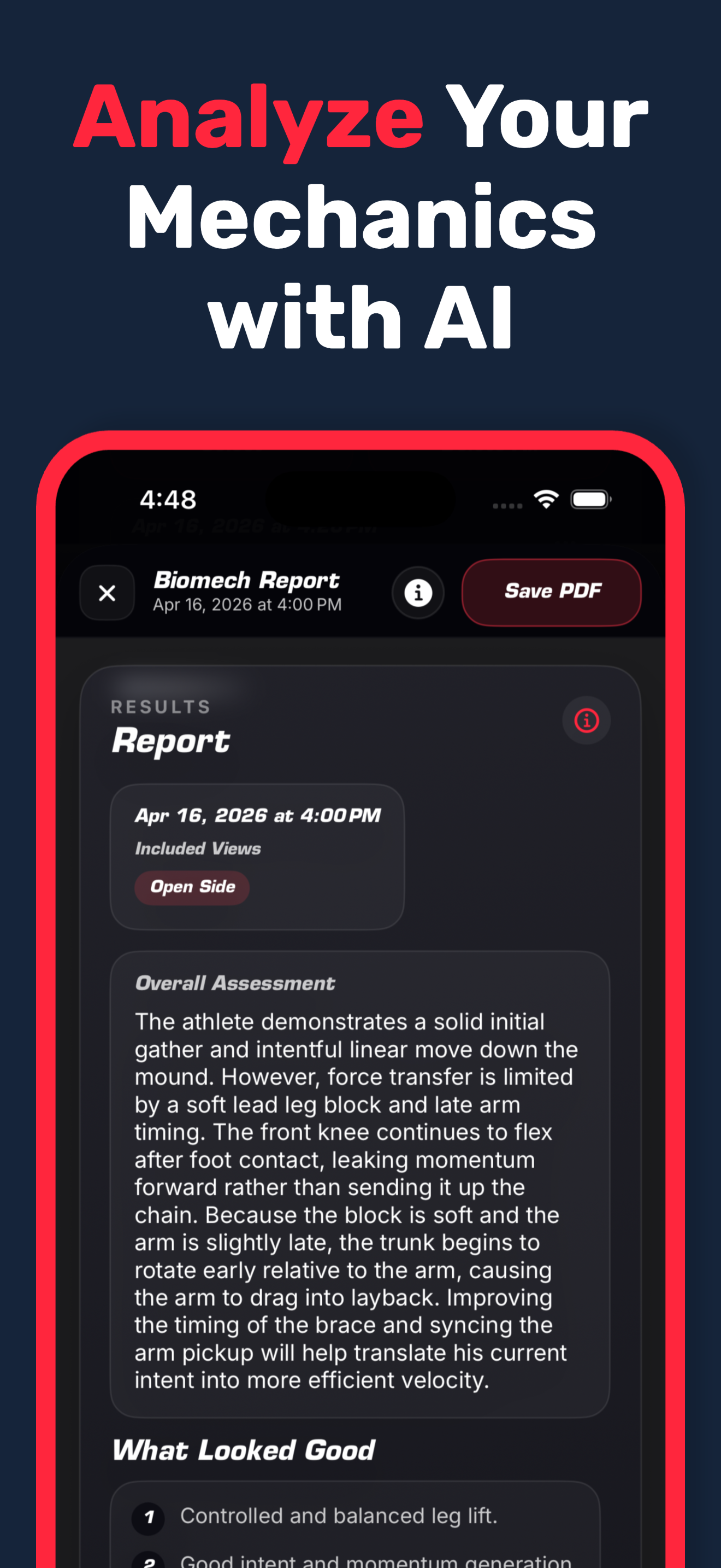 Pitch AI report screen analyzing throwing mechanics with AI.